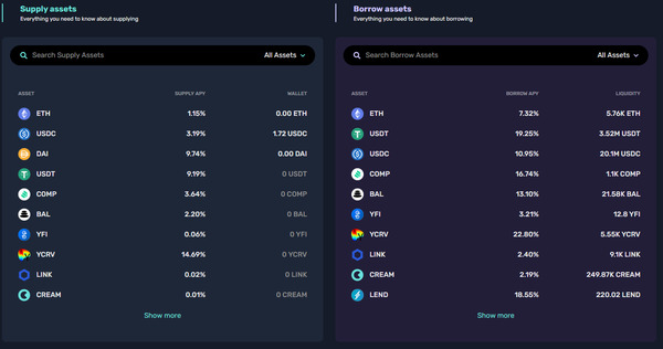 Supply assets and Borrow assets list.